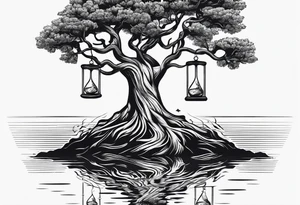 tattoo of a tree with the roots wrapping around a hour glass tattoo idea