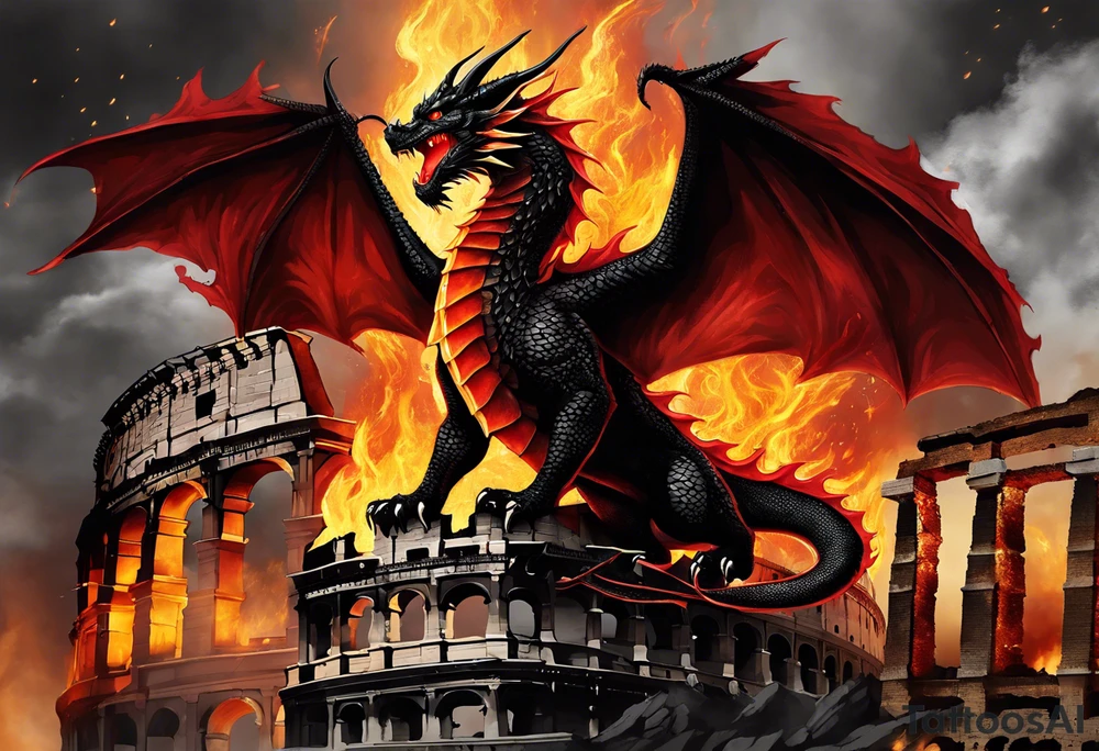 A majestic black and red dragon with shimmer golden scales standing in the burning ruins of a crumbling colosseum with flames and ash around his feet. This dragon depicts power, danger, and awe billowing flames from his mouth into the sky with wings outstretched. Show the dragon standing within the ruined, burning colosseum with crumbling columns on either side tattoo idea