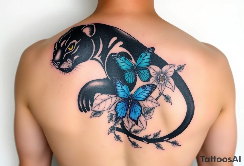 "Neo-traditional black panther curved along ribs, Gemini constellation in eyes, monstera leaves on chest, blue morpho butterfly on orchid near collarbone, jungle vines wrapping legs – color palette: emerald, indigo, turquoise, plum – 10x7 inches" tattoo idea