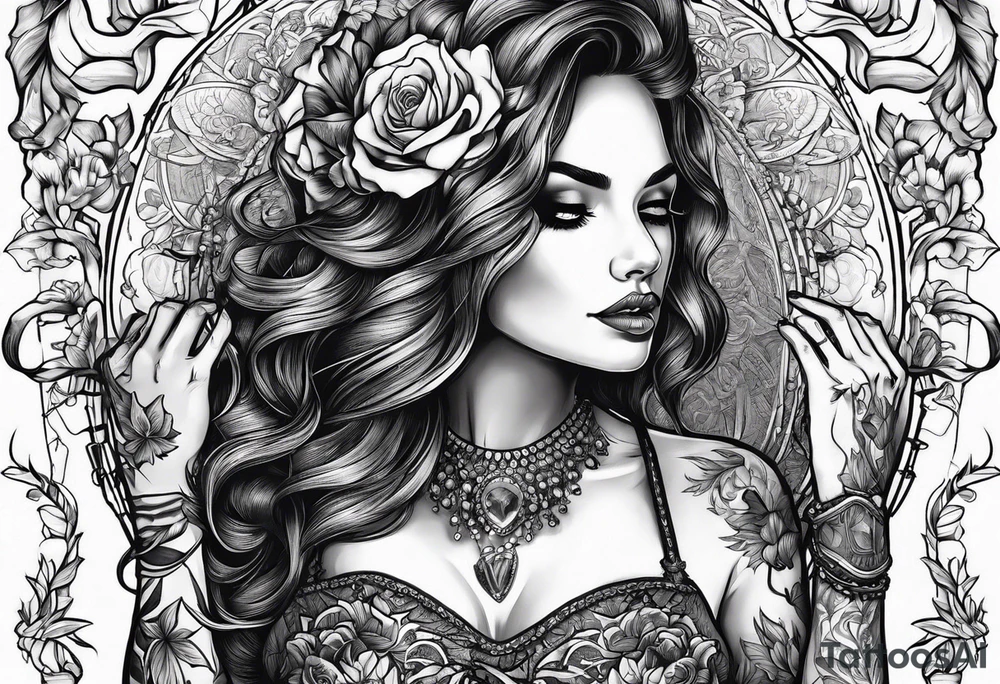 woman dancing hand in hand with skeleton tattoo idea