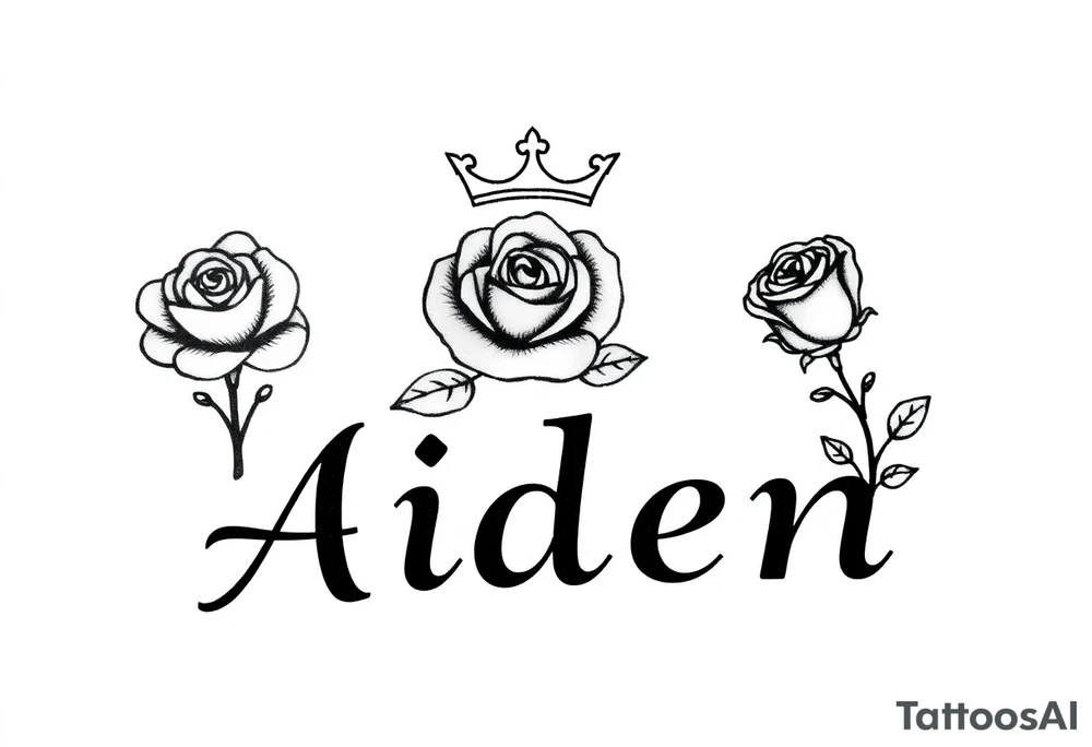 Rose with no stem with a kings crown above it and the name Aiden large Infront of it going to the right 


A rose bud with a kings crown on-top towards the left tattoo idea