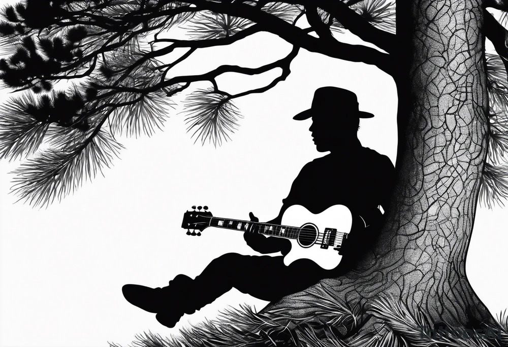 silhouette of a man playing electric guitar while sitting in a pine tree. tattoo idea