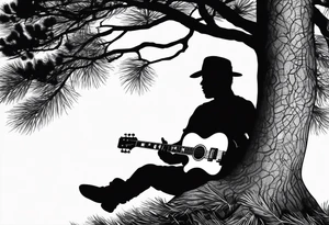 silhouette of a man playing electric guitar while sitting in a pine tree. tattoo idea