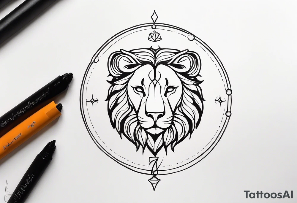 A tattoo in delicate style, so gentle. The symbol zodiac sign, Leo. The sketch should include fire, something delicate like that, and the numbers 7 and 8. tattoo idea