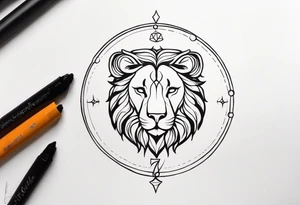 A tattoo in delicate style, so gentle. The symbol zodiac sign, Leo. The sketch should include fire, something delicate like that, and the numbers 7 and 8. tattoo idea