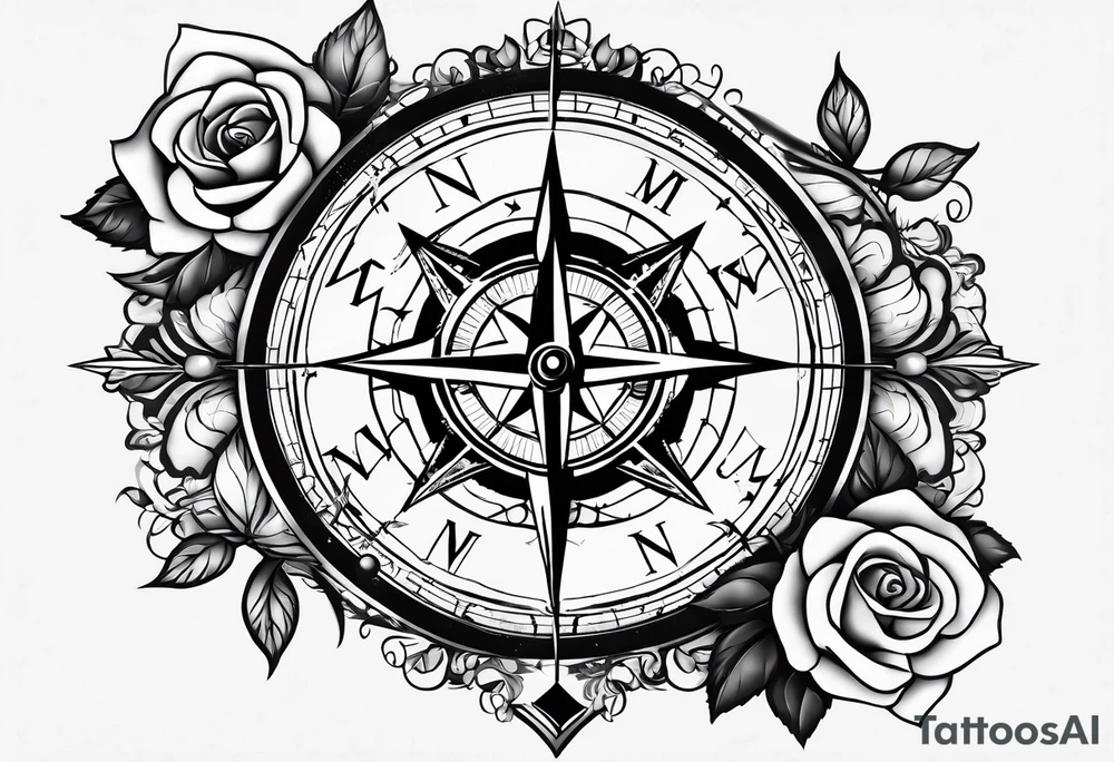 I want a compass that is encompassed by a rose, the arrow is between N and E and switch N for an M and W for an U tattoo idea