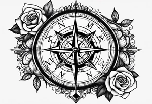 I want a compass that is encompassed by a rose, the arrow is between N and E and switch N for an M and W for an U tattoo idea