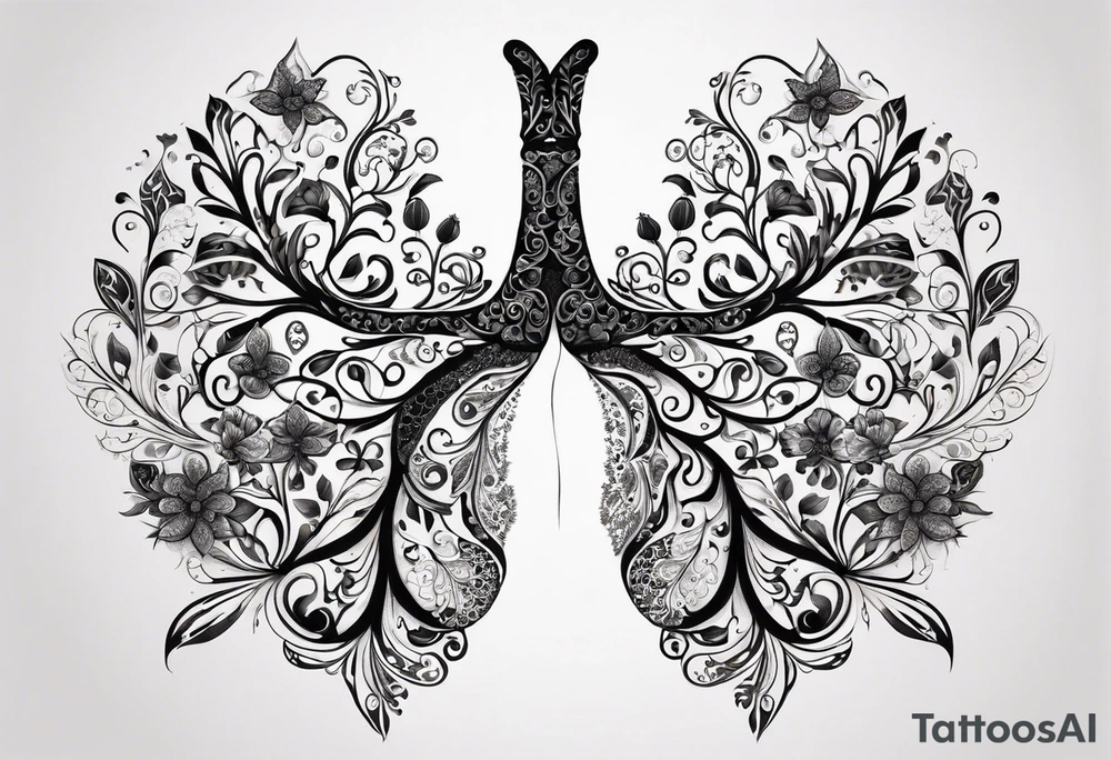 intricate and artistic arrangement of flowers and ornamental patterns that come together to form the shape of human lungs. The design should have a balance of delicacy and detail, with vibrant floral elements seamlessly intertwining to mimic the structure of the lungs, including the bronchi branching into floral motifs. Incorporate subtle shading and depth to give the tattoo a dynamic and organic feel, while maintaining elegance and symmetry tattoo idea