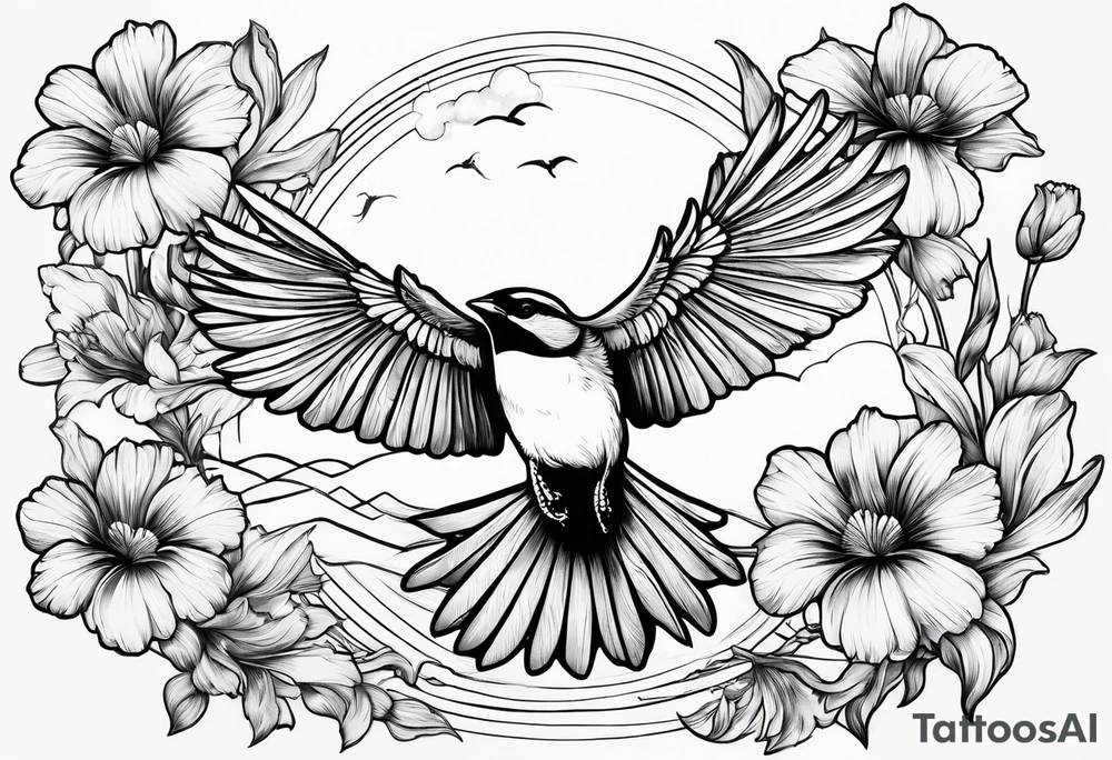 one flying 
sparrow, sunrays, 

 cosmos, iris, daisy tattoo idea