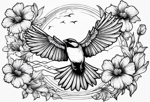 one flying 
sparrow, sunrays, 

 cosmos, iris, daisy tattoo idea