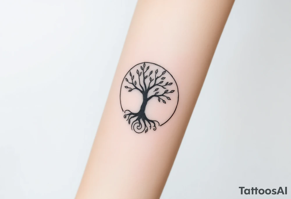 A tree in a circle,
with few leaves, with an outward spiral as its roots tattoo idea