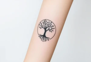 A tree in a circle,
 with few leaves, with an outward  spiral as its roots tattoo idea