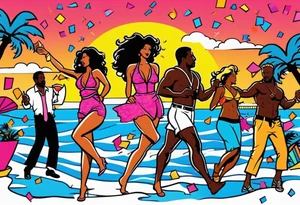 1980's miami vice style beach dance 
party, include confetti, music notes, boom box, SILHOUETTE bikinis sunset in the center tattoo idea