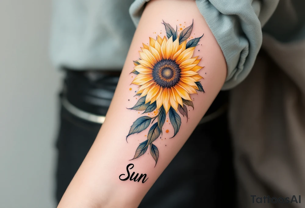 Word "Sun" written vertical with sunflower tattoo idea