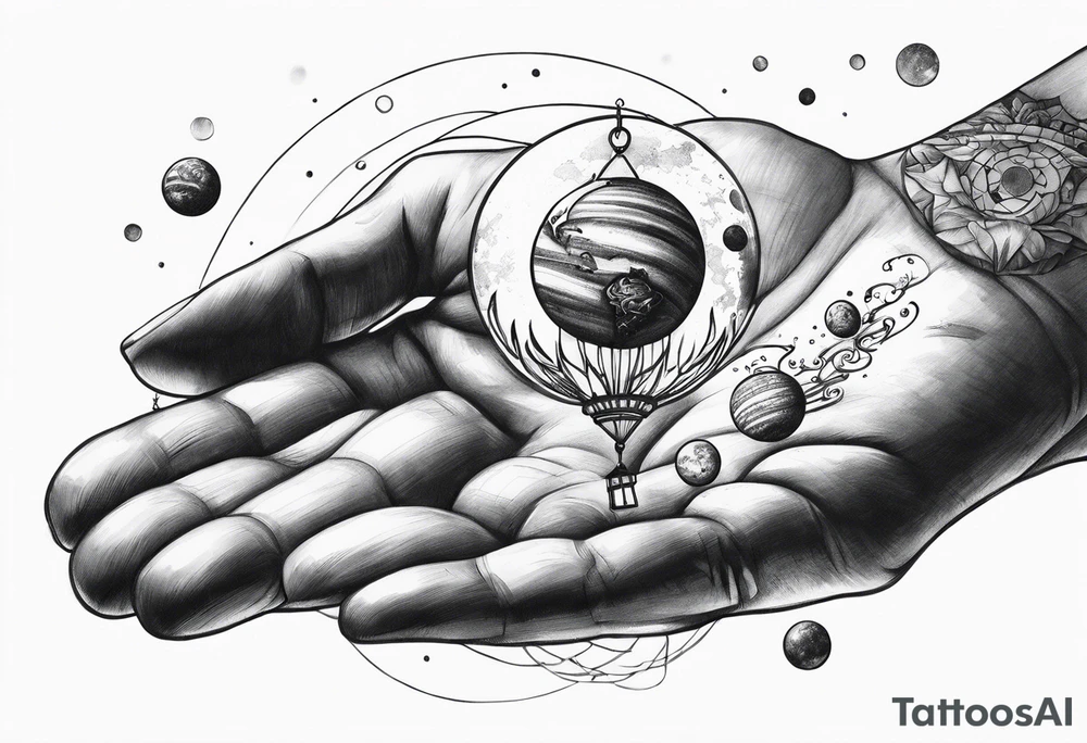 Human hand dangling planets from fingertips tattoo idea