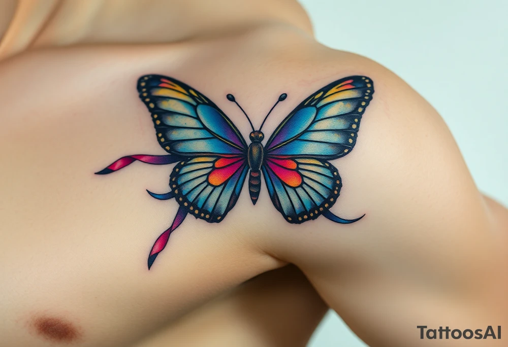 ethereal butterfly with flowing silk ribbons in moonlight tattoo idea