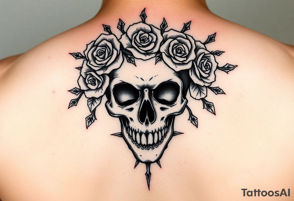 ornate skull adorned with crown of wild roses and thorns tattoo idea