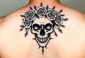 ornate skull adorned with crown of wild roses and thorns tattoo idea