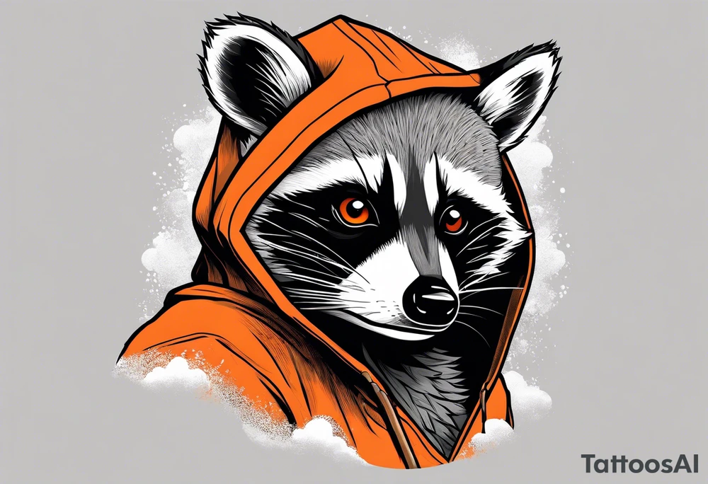 Raccoon wearing an orange Superman hoodie tattoo idea