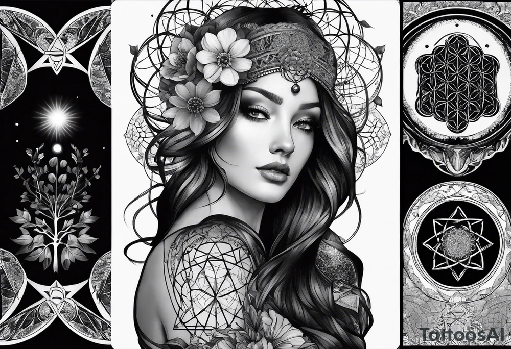 sleeve tattoo for women with symbols of sacred geometry: Metatron's cube, Kabbalah tree of life, flower of life tattoo idea