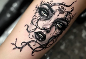 A sinister mermaid or vampire woman with piercing eyes and intricate shadow work. tattoo idea