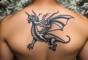 fierce dragon breathing iridescent fire against stormy skies tattoo idea