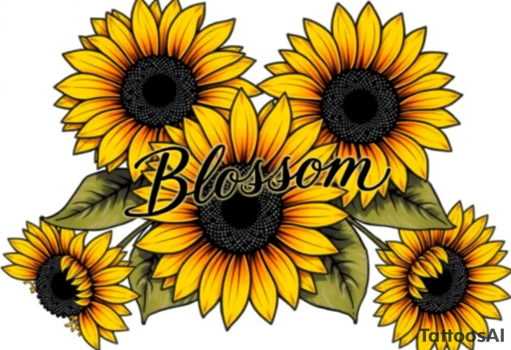 Sunflowers with “Blossom” written through it tattoo idea