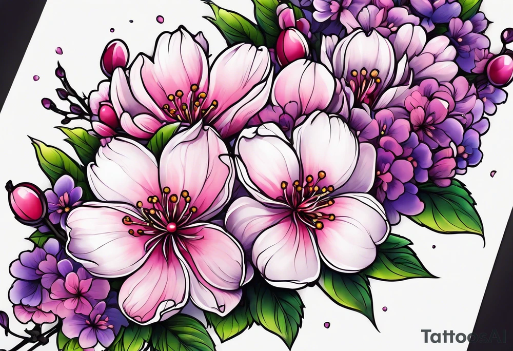 bouquets of cherry blossoms pink and purple tattoo idea