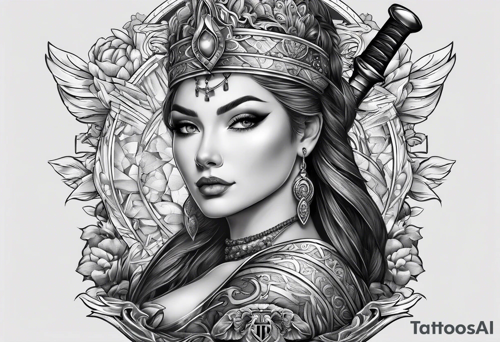 with lady juctice emblem a sword and a scale tattoo idea