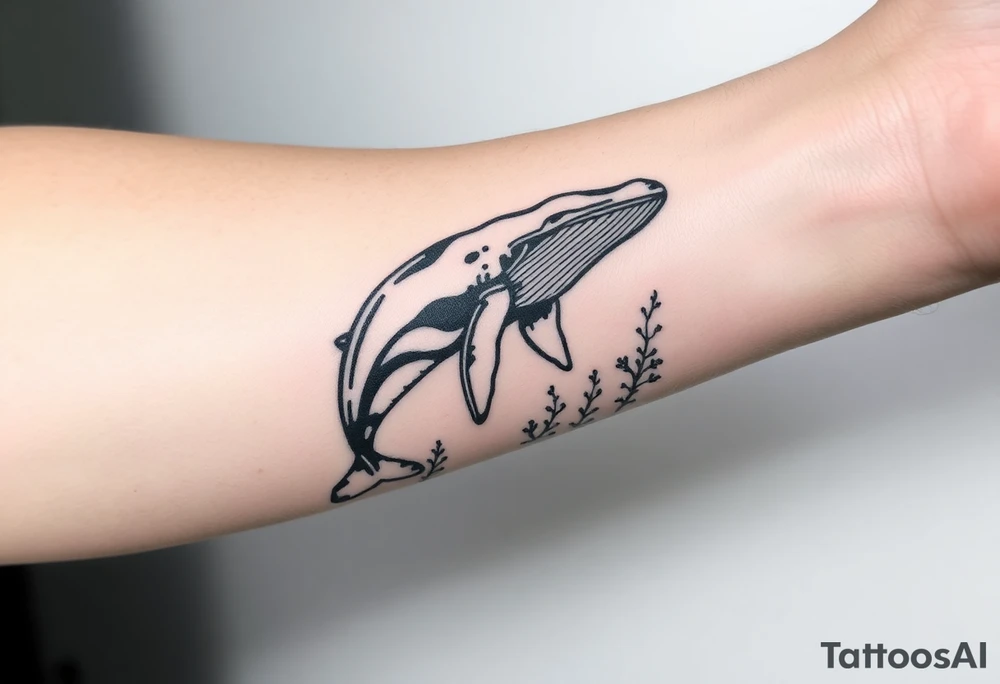 Forearm design, size = most of forearm.   Illustrative B/W with heavy linework, some shading and artistic styling.   Humpback whale that is breaching.  Kelp underwater framing whale as it emerges. tattoo idea
