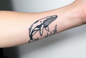 Forearm design, size = most of forearm.   Illustrative B/W with heavy linework, some shading and artistic styling.   Humpback whale that is breaching.  Kelp underwater framing whale as it emerges. tattoo idea