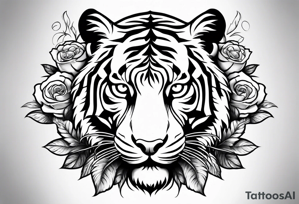 A tiger with roses around it tattoo idea