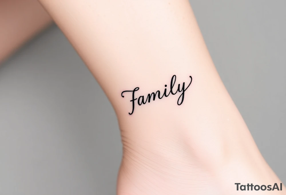 A flowing infinity symbol intertwined with the word "family" written in elegant cursive, symbolizing endless love and connection tattoo idea
