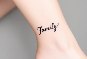 A flowing infinity symbol intertwined with the word "family" written in elegant cursive, symbolizing endless love and connection tattoo idea