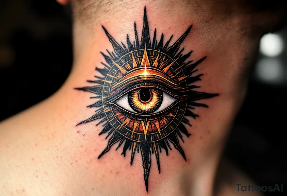 A crimson and gold Eye of Ra shining with fierce solar power, surrounded by subtle rays. tattoo idea