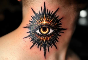 A crimson and gold Eye of Ra shining with fierce solar power, surrounded by subtle rays. tattoo idea