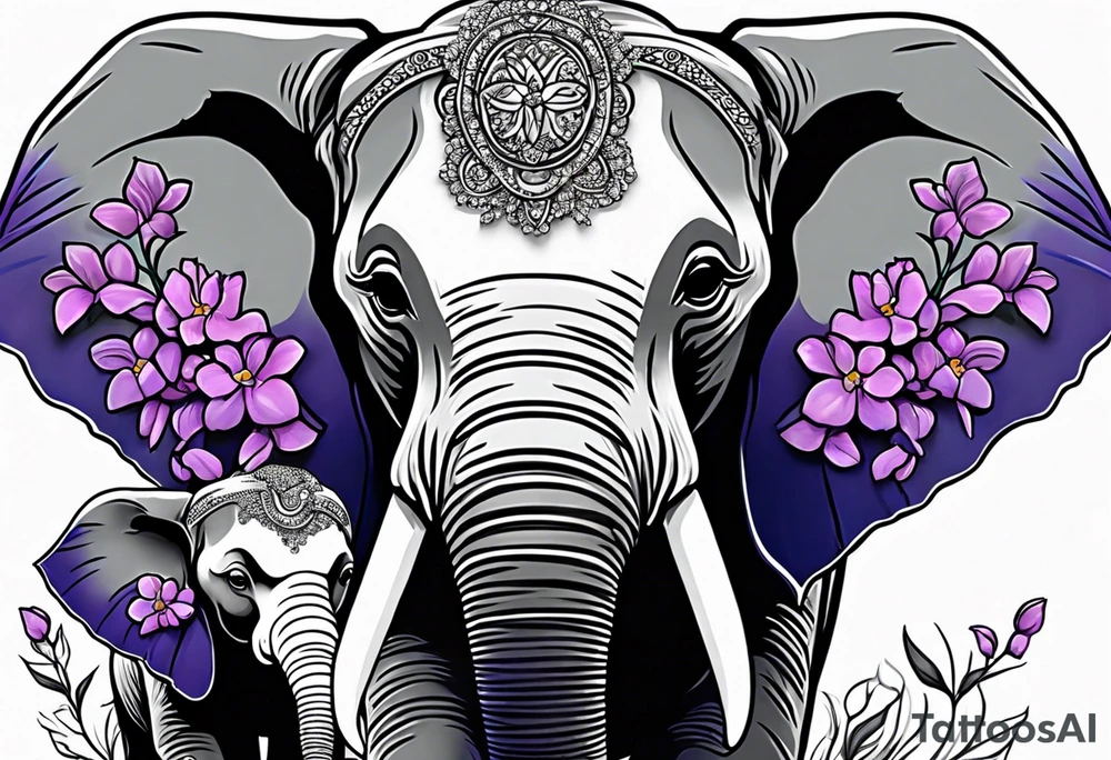 Elephant with baby Elephant holding lilacs tattoo idea