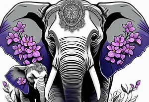 Elephant with baby Elephant holding lilacs tattoo idea