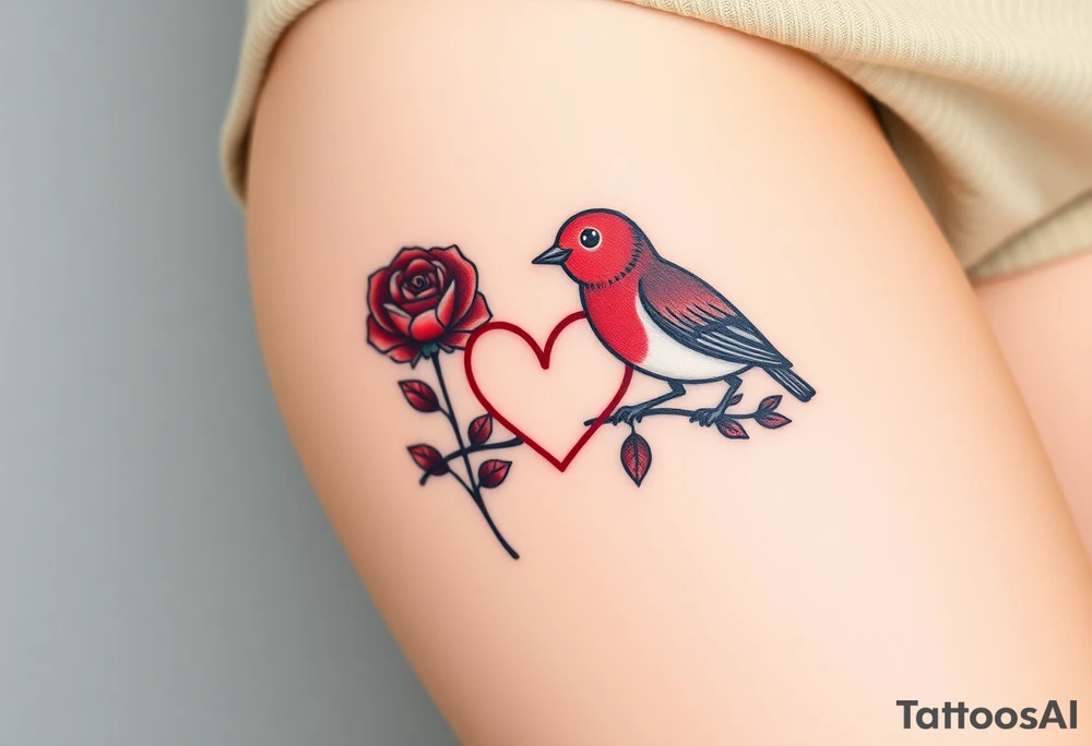 Small red rose and red robin with a infinity heart on hip tattoo idea