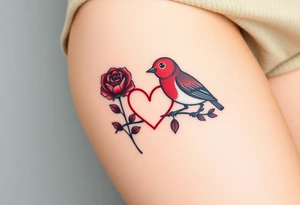 Small red rose and red robin with a infinity heart on hip tattoo idea