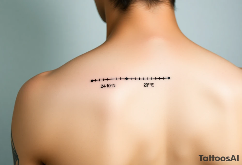 A minimal fine-line tattoo showing a straight thin timeline with two distinct dots. Under the first dot, place the coordinates "24°10′N, 20°16′E" and under the second, "53.4084°N, 2.9916°W". Keep the line and text subtle, clean, and modern. Optional: use tiny circle or dot above each coordinate to show moments in time. tattoo idea