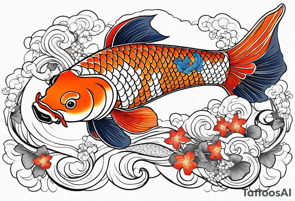 koi fish with a little narrow body, elongated fins, trimmed with pearls, ginko leaves around tattoo idea