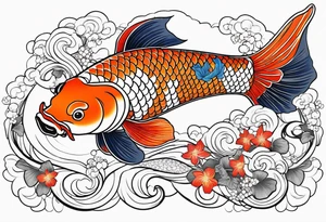 koi fish with a little narrow body, elongated fins, trimmed with pearls, ginko leaves around tattoo idea