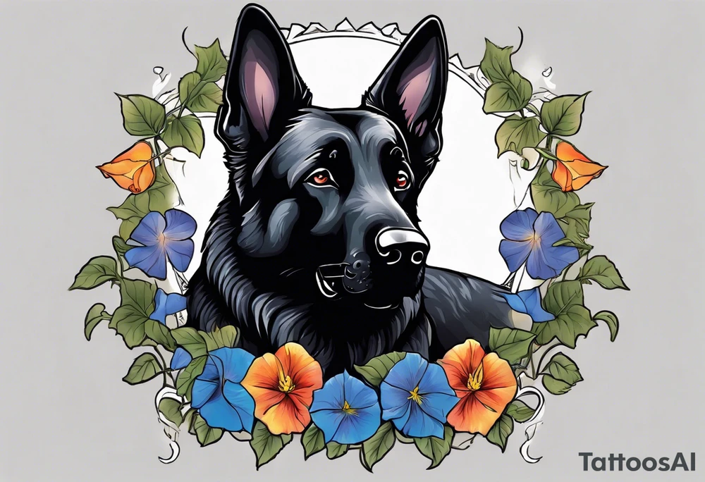 Black German shepherd portrait brightly colored with morning glories tattoo idea