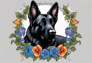 Black German shepherd portrait brightly colored with morning glories tattoo idea