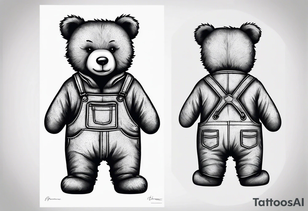 the back of a standing teddy bear in overalls tattoo idea