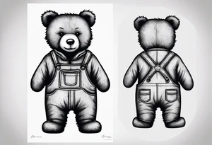 the back of a standing teddy bear in overalls tattoo idea