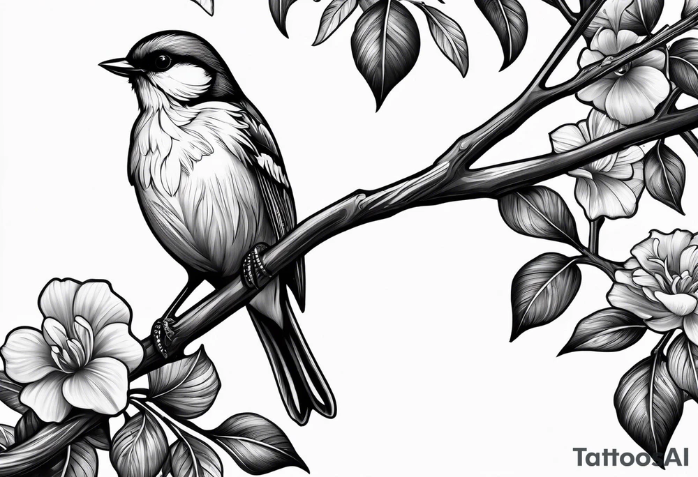 Black and white little bird, sitting on a branch. tattoo idea