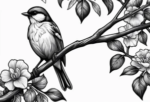 Black and white little bird, sitting on a branch. tattoo idea