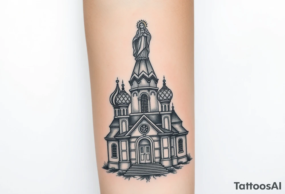 in a dorsal view a detailed medium sized country style orthodox church with onion domes and a band at the front with mist shrouding the top and fading into a virgin mary overlooking above at the top tattoo idea